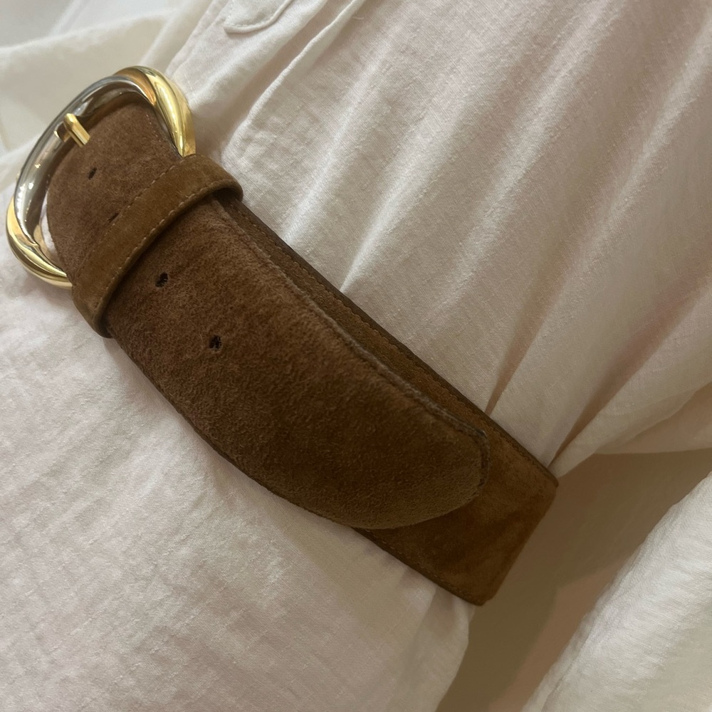 Y2K Big Wide Brown Suede Belt with Gold & Silver Buckle Sueded Pigskin, Size L - Picture 2 of 8
